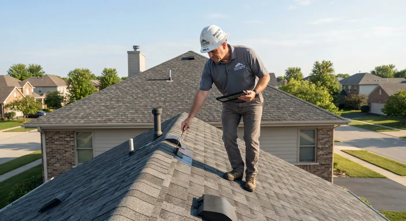 A roofer checks a residential roof during an inspection.