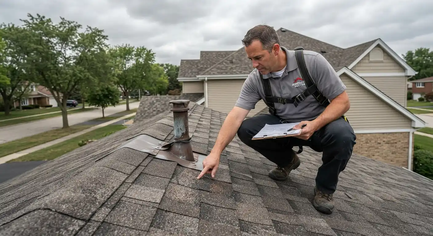 A roofer performing a routine safety check on shingles.