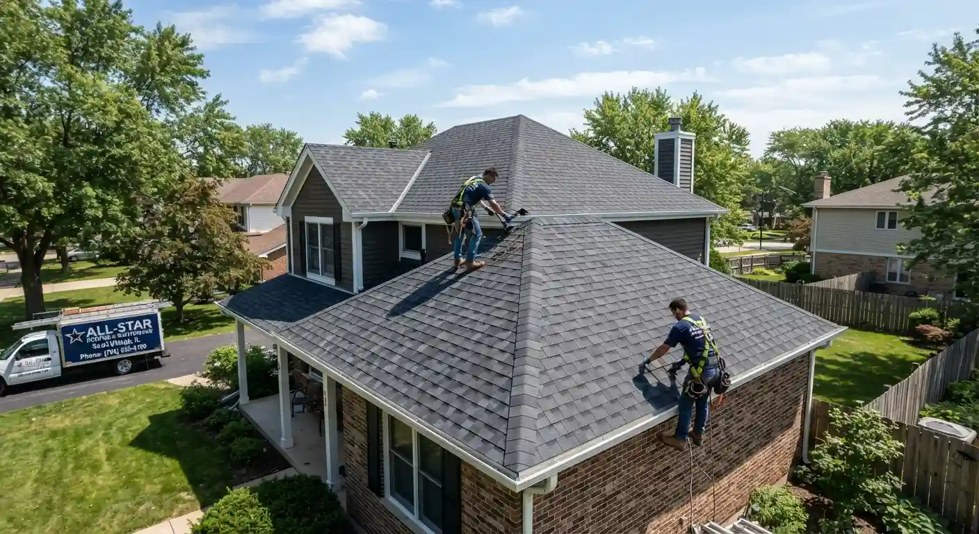 A roofer inspecting a newly installed shingle roof.