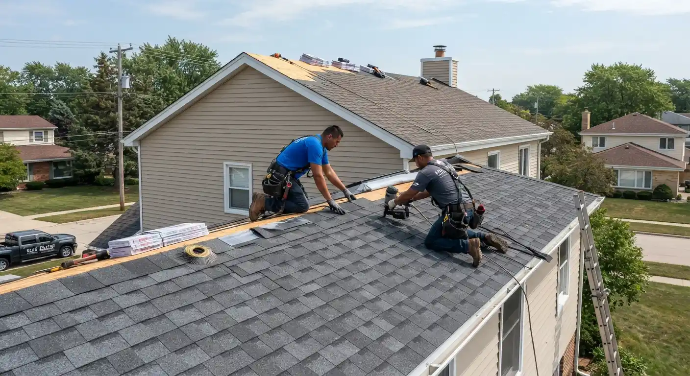 A newly installed shingle roof on a residential home during daylight.