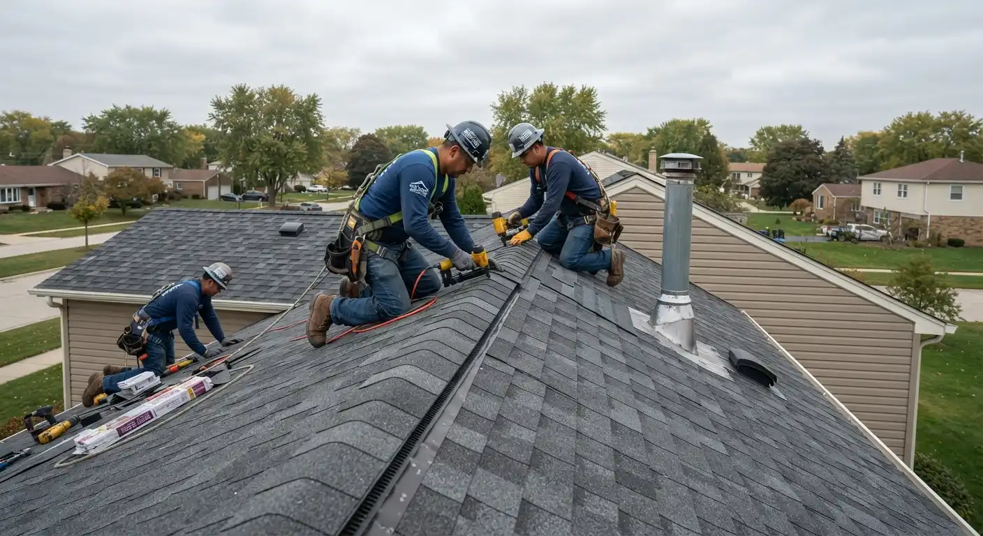 A technician inspecting a residential roof for damage during daylight.