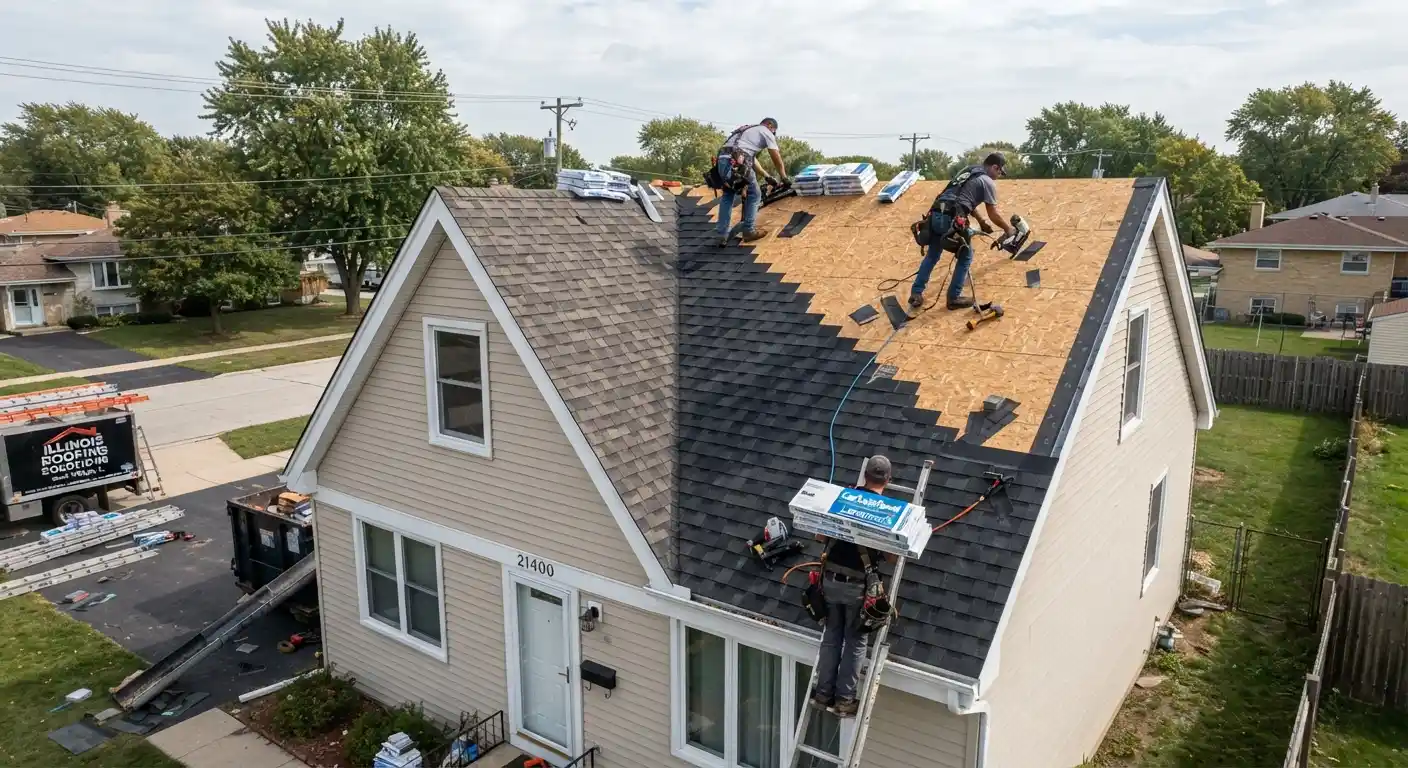 A newly installed shingle roof on a residential home during daylight.