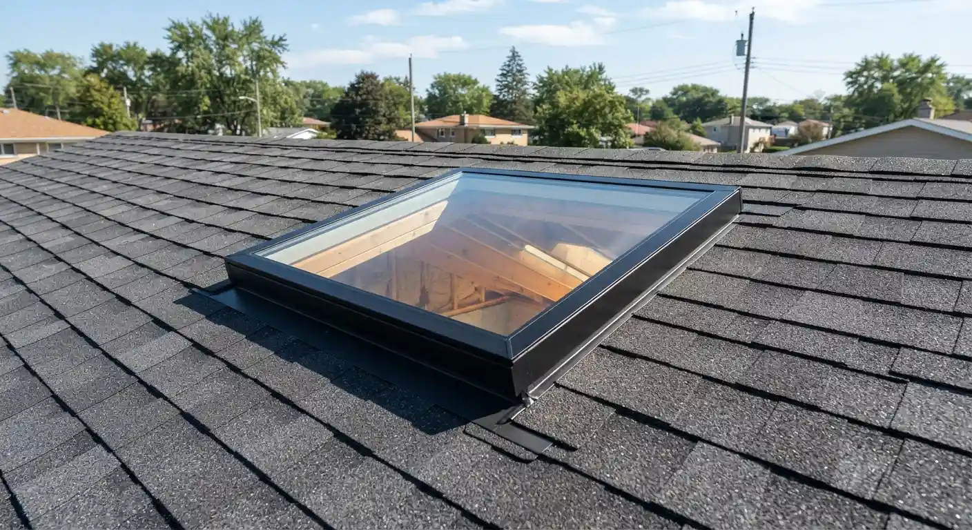 A professional crew working carefully on a residential roof installation during daylight.